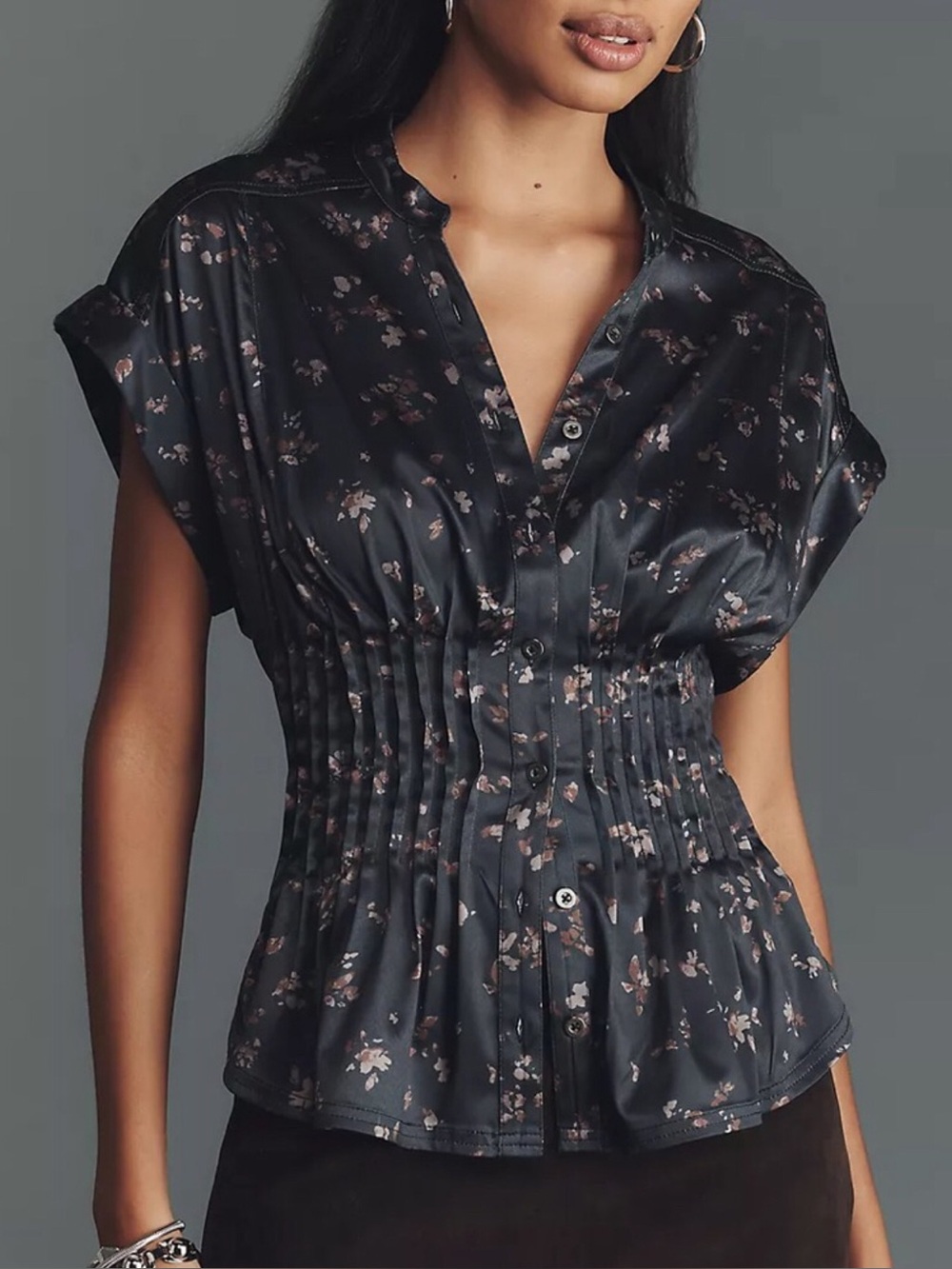 💝MYNE:)💐🦋 The Linden Silky Pleated Waisted Blouse by Pilcro in Black Pattern XXS